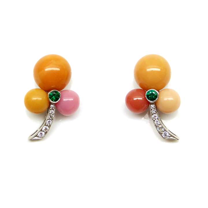 Pair of orange and pink pearl trefoil cluster earrings